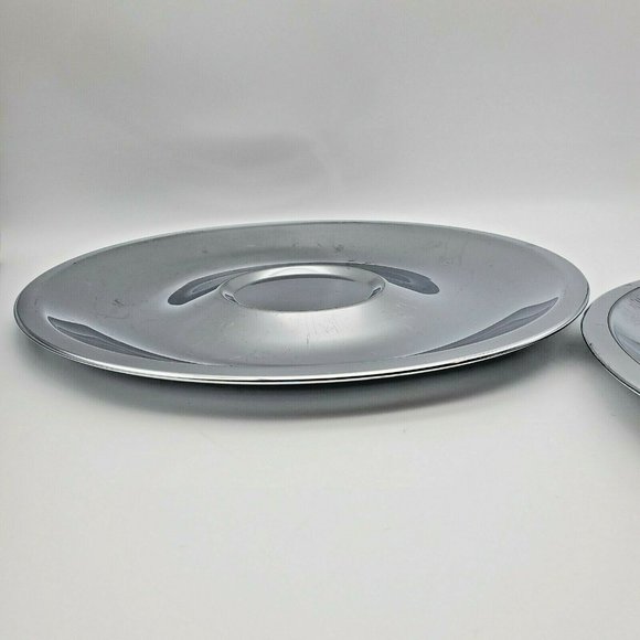 Vintage Kromex Pair Serving Trays Chrome 12 3/4" D Cheese Crackers Veggies Dips - Picture 6 of 7